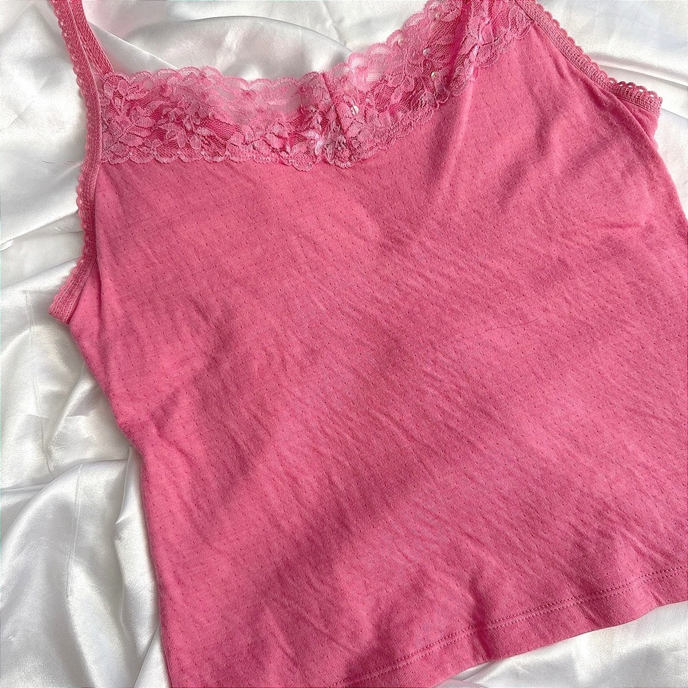 No Boundaries Pink Pointelle Lace Trim Cami Tank Top Sequin Shelf Bra Large